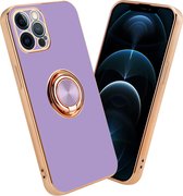 Cadorabo Hoesje geschikt voor Apple iPhone 12 PRO in Glossy Licht Paars - Goud met ring - Beschermhoes van flexibel TPU-silicone Case Cover met camerabescherming en magnetische autohouder