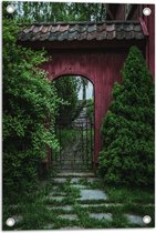 Tuinposter – Rode Poort Doorgang - 40x60 cm Foto op Tuinposter (wanddecoratie voor buiten en binnen)