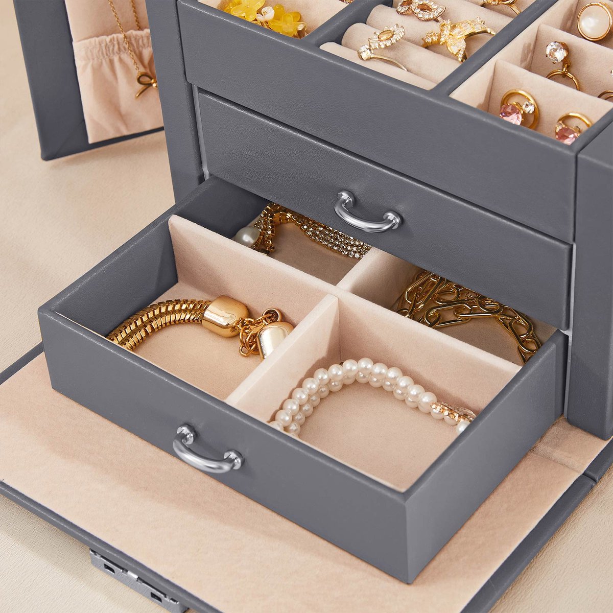 Sieradendoos - Juwelendoos - Juwelenkistje - Draagbaar - Afsluitbaar juwelendoosje - Met 2 lades - Spiegel - Met slot en sleutel