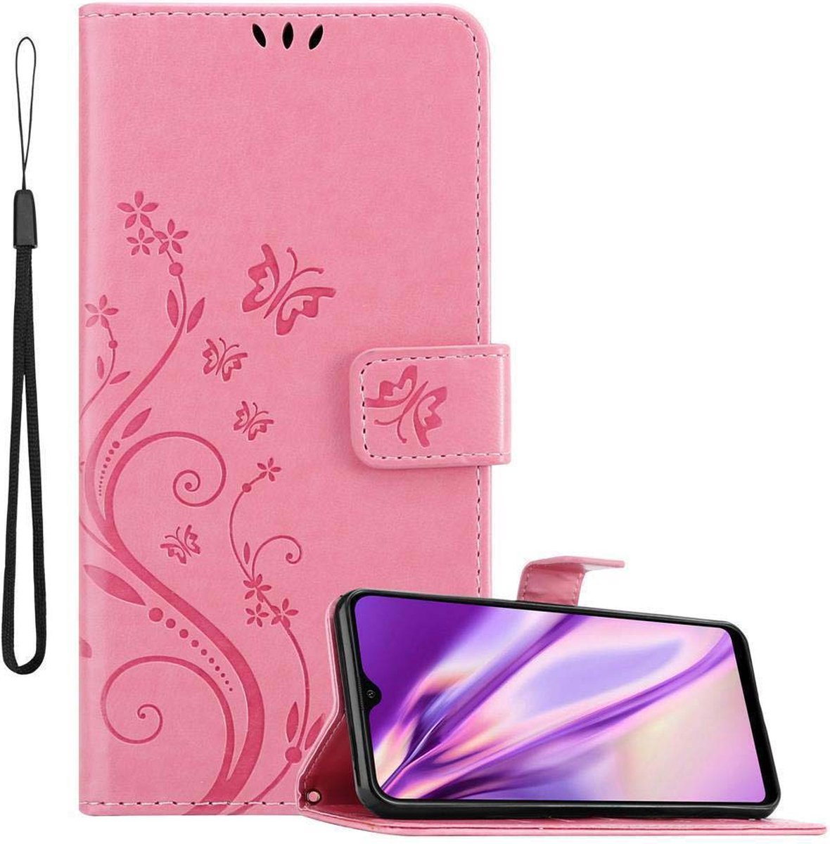 Cadorabo Hoesje geschikt voor Samsung Galaxy A40 in BLOEMEN ROZE - Beschermhoes in bloemmotief met magnetische sluiting, standfunctie en kaartsleuven Book Case Cover Etui