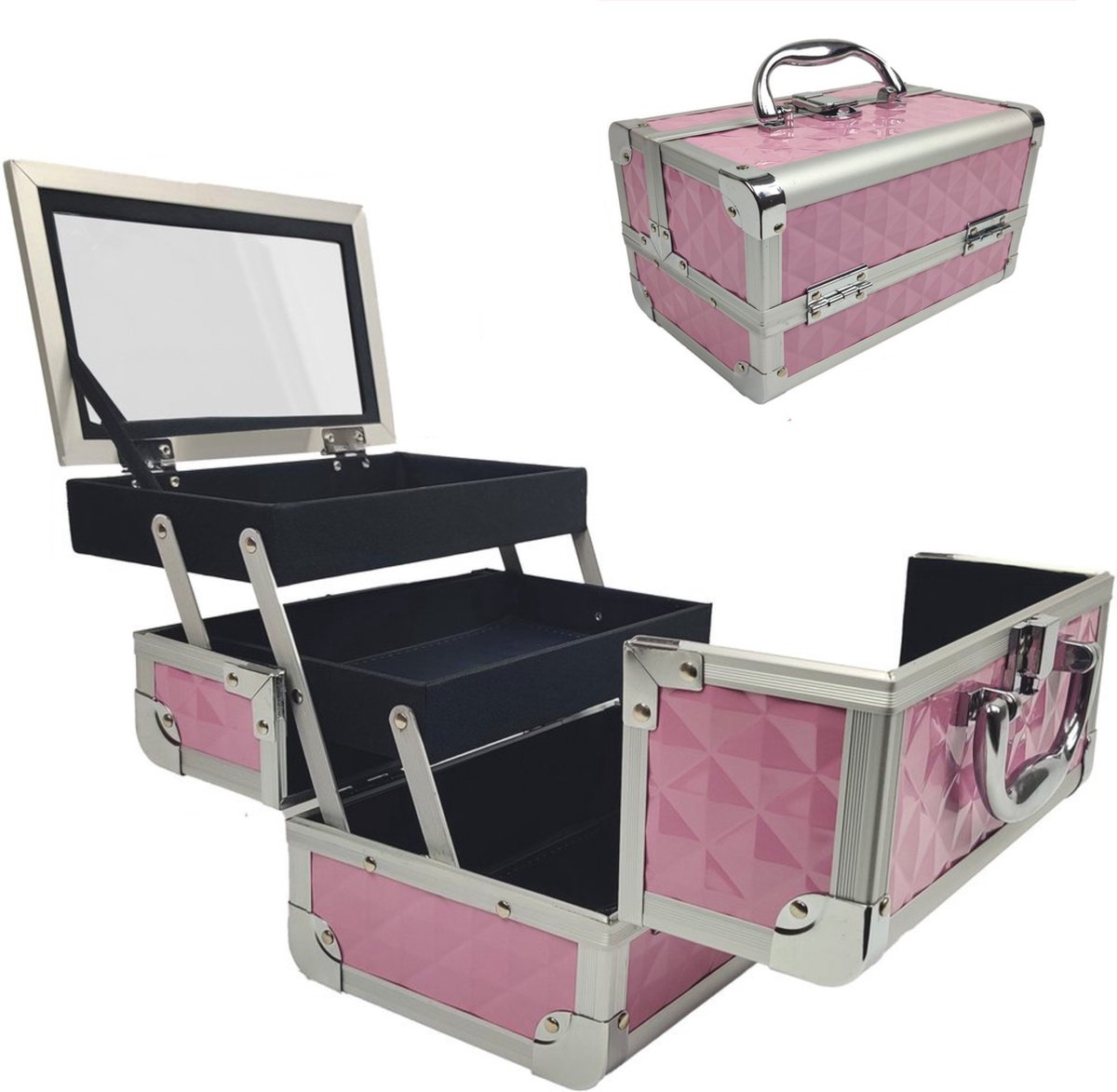 Make up koffer meisjes en dames roze - Make up organizer met spiegel - Cosmetica koffer - Beautycase koffer