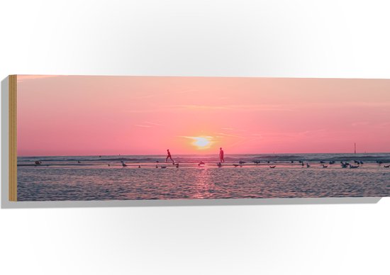 Hout - Roze Zonsondergang aan Zee met Meeuwen - 90x30 cm - 9 mm dik - Foto op Hout (Met Ophangsysteem)