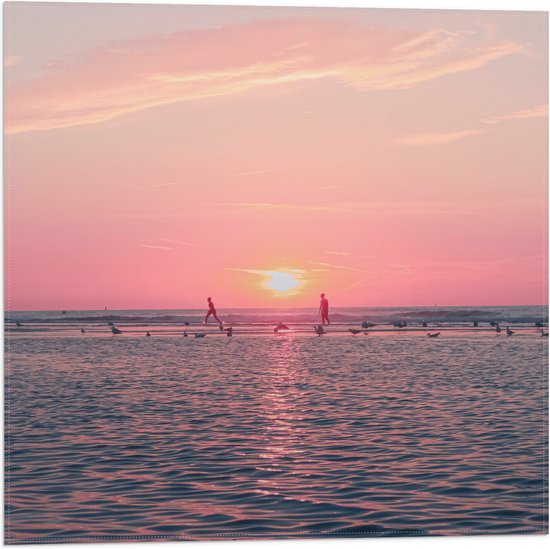 Vlag - Roze Zonsondergang aan Zee met Meeuwen - 50x50 cm Foto op Polyester Vlag