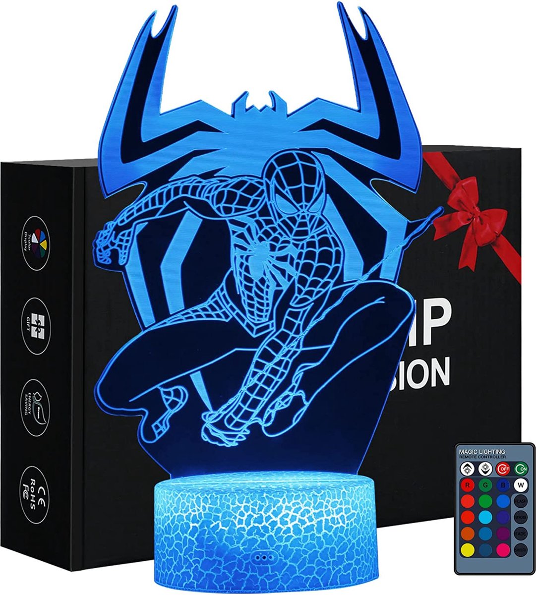 Flightmode- Spiderman nachtlampje, jongens Spiderman speelgoed met 3D Marvel lamp afstandsbediening Smart Touch 16 kleurveranderingen, dimbaar, cool spinnencadeau voor jongens van 3, 4, 5, 6, 7, 8 jaar, Kerstmis, verjaardag