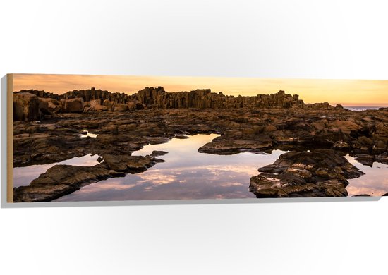 Hout - Helder Bruine Rotsen in Water met Paarse Gloed - 120x40 cm - 9 mm dik - Foto op Hout (Met Ophangsysteem)