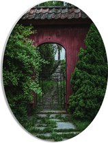 PVC Schuimplaat Ovaal - Rode Poort Doorgang - 30x40 cm Foto op Ovaal (Met Ophangsysteem)