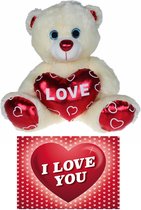 Pluche knuffelbeer 30 cm met wit/rood Valentijn Love hartje incl. hartjes wenskaart