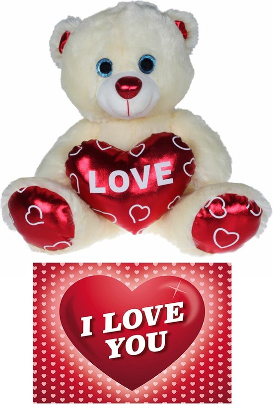 IKASA Teddybeer met strik voor Valentijnsdag, schattig klein zacht pluche dier, 27,9 cm, cadeau voor vriendin (beer