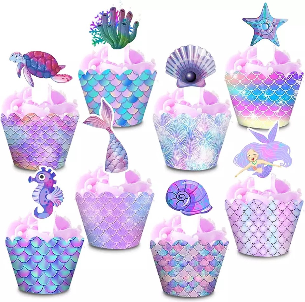 Zeemeermin Mermaid Cupcake Taart Prikkers Toppers en Cupcake Vormpjes