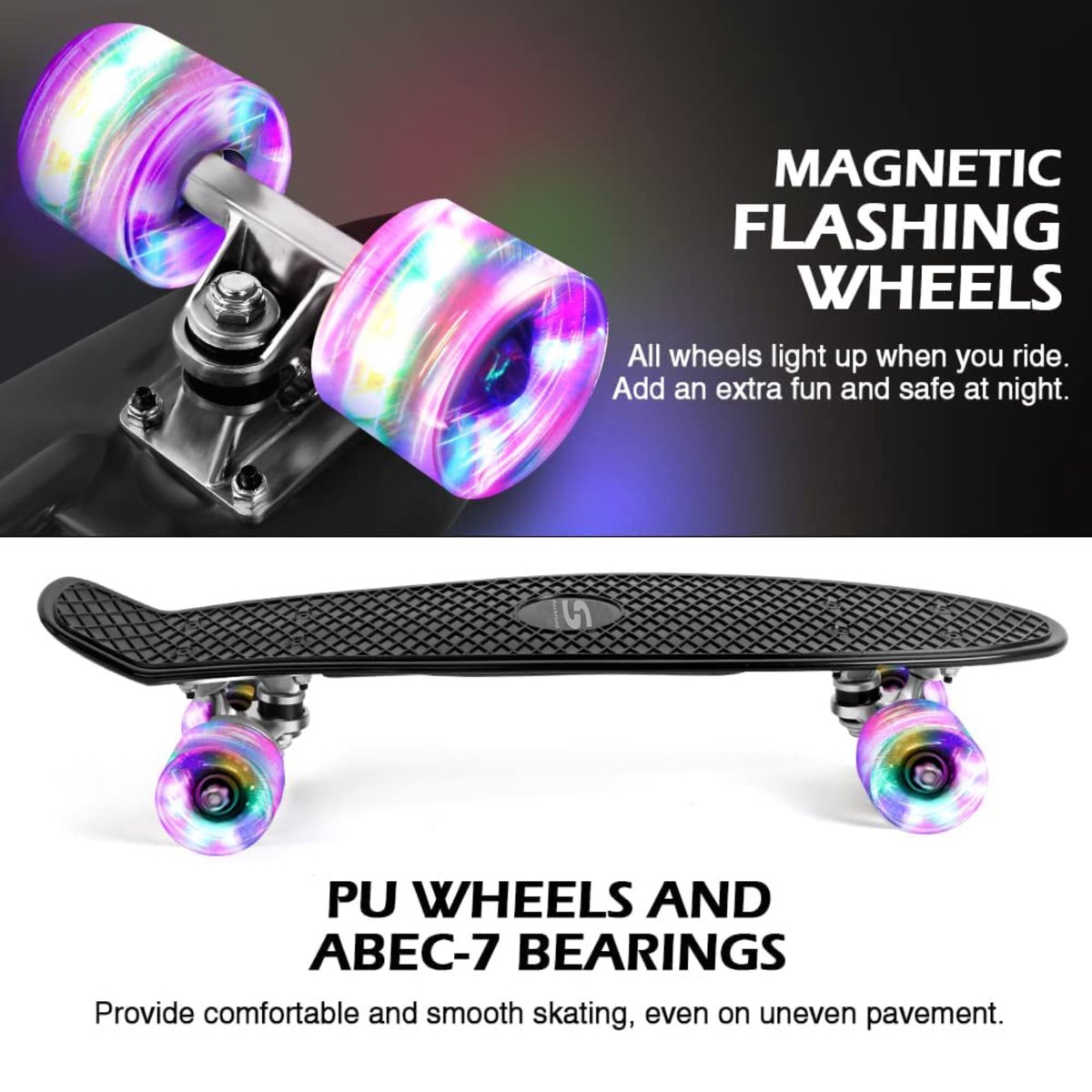 Suotu Skateboard - Skateboard Jongens – Wielen met LED-verlichting - ABEC-9 - Tot 50 kg - Skateboard Meisjes – Skateboard Volwassenen - Zwart — afbeelding 4
