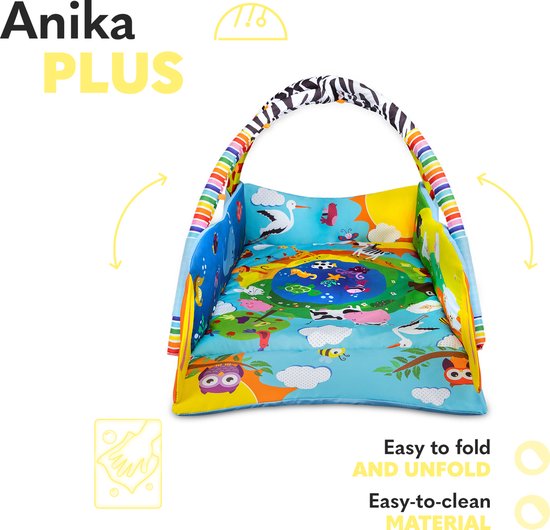 Lionelo Anika Plus 2-in-1 Babygym & Speelkleed – Met Verhoogde Randen (Boxfunctie) – Inclusief Tummy Time Kussen, Interactief Boekje & 5 Speeltjes – 115x110 cm