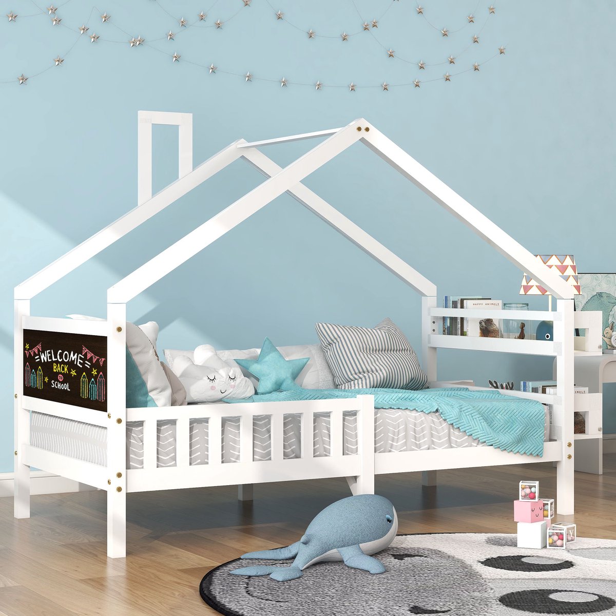 Kid House bed eenpersoonsbed grenen frame-dagbed met krijtbord en MDF planken-wit (200x90cm)