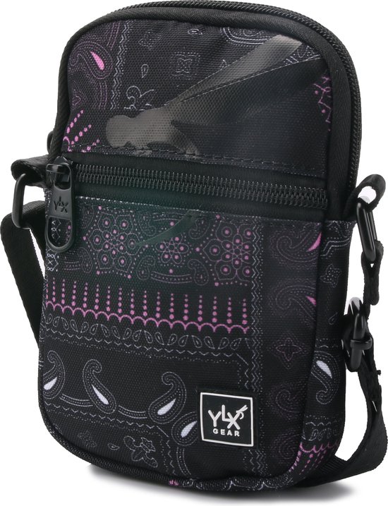 YLX Juss Crossbody Bag. Black geo paisley. Zwart, paars.Recycled Rpet materiaal. Eco-friendly. Telefoontas. Dames, heren, jongens, meisjes, vrouwen, mannen, middelbare scholieren, tieners - YLX travel gear