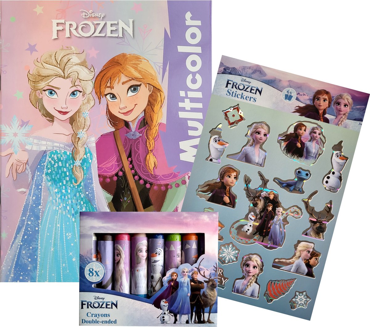 Disney Frozen - Kleurboek 32 pagina's waarvan 17 kleurplaten en 17 gekleurde illustraties - 6 vellen met stickers - 8 x dubbelpunt waskrijt - Violet - kerst - cadeau - kado