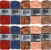 Paquet de fils de coton au crochet Rio - marron bleu multi et couleurs unies - 10 pelotes