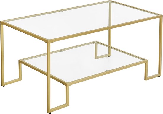 FURNIBELLA - salontafel glazen tafel woonkamertafel 2 planken van gehard glas stalen frame 100 x 55 x 45 cm decoratie voor woonkamer goud