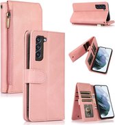Casemania Coque pour Samsung Galaxy S22 Rose - Étui portefeuille de Luxe avec fermeture éclair et compartiments Extra
