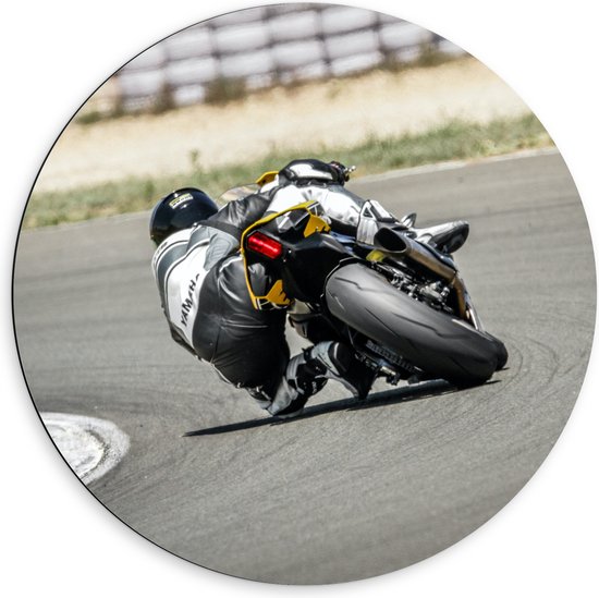 WallClassics - Dibond Muurcirkel - Motorracer op Circuit - 60x60 cm Foto op Aluminium Muurcirkel (met ophangsysteem)