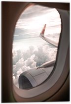 WallClassics - Acrylglas - Uitzicht vanuit Vliegtuigraam op Vliegtuigvleugel bij Wolkenveld - 40x60 cm Foto op Acrylglas (Met Ophangsysteem)