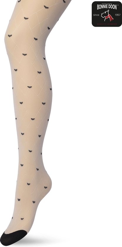 Bonnie Doon Womens Hartjes Tights 30 Denier Off White taille L/XL - Hartjes and Checks - Chique Tights - Heart pattern - Wide Board - Comfort - Checkered Print - Little Hearts Tights - Festive - Off Wit - Ecru - Cream - Ivory - BP201905.3