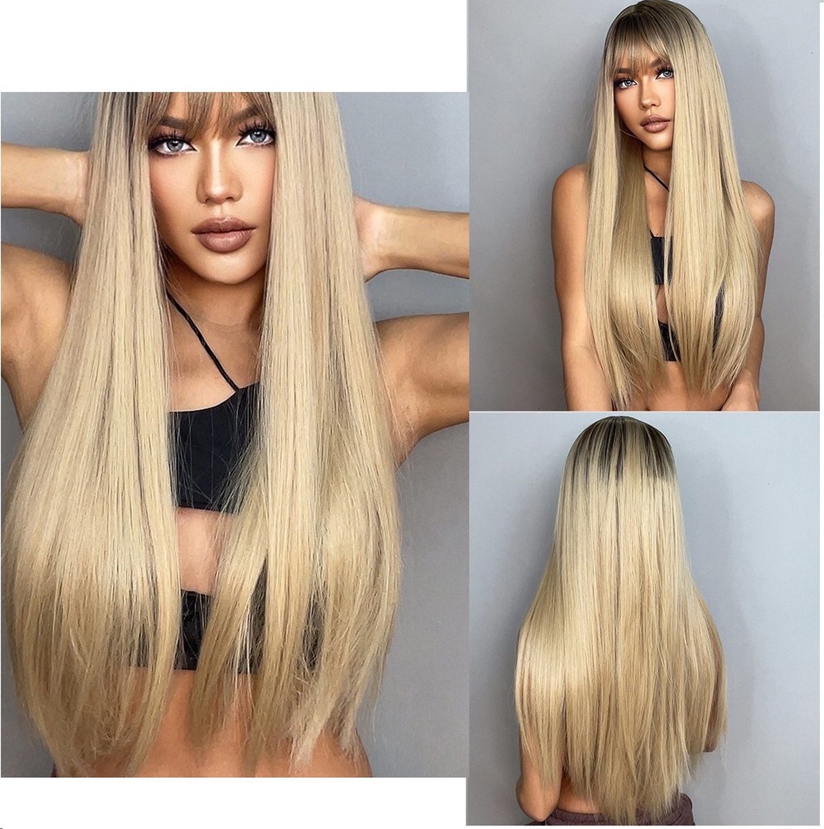WiseGoods Luxe Pruik Dames Lang Haar & Pony - Pruiken - Haarstuk Met Net - Haarstukje Hairextensions - Haren Vrouwen - Blond 65cm