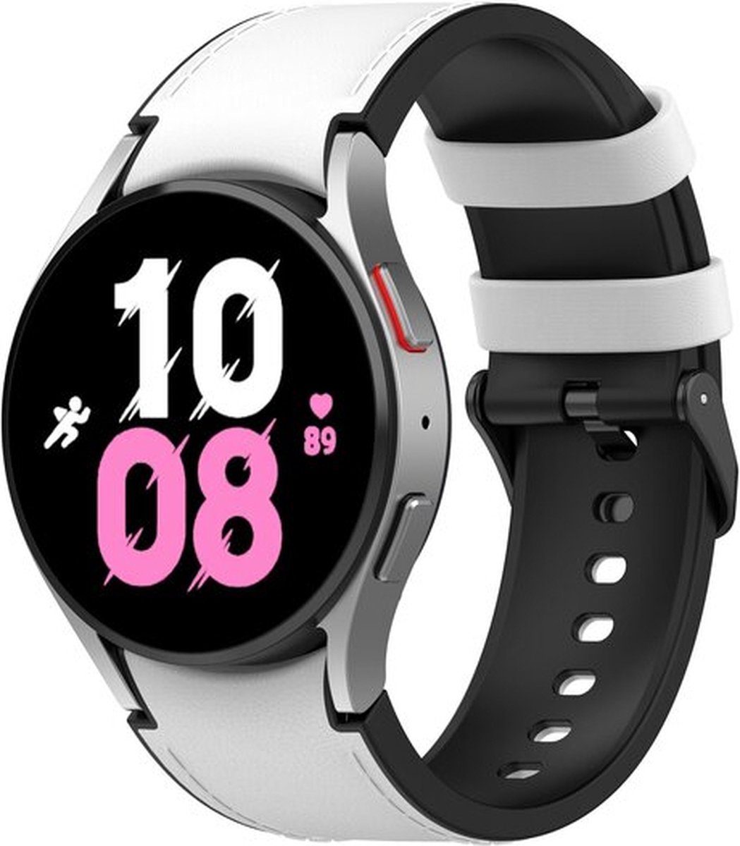By Qubix - leer + siliconen bandje 20mm - Maat: large - Wit - Geschikt voor Samsung Galaxy Watch 7 (40 & 44mm) - Galaxy Watch FE - Galaxy Watch 6 - Galaxy Watch 6 Pro - Galaxy Watch 5 - 5 Pro - Galaxy Watch 4 - 4 Classic