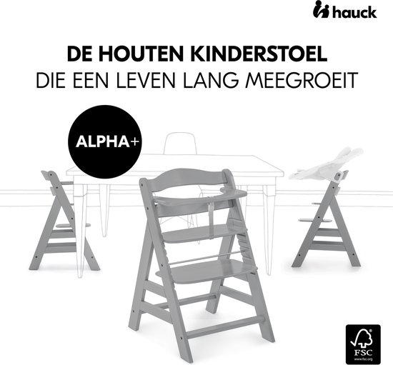 Grijze houten kinderstoel met de tekst 'Alpha+', Hauck logo en de tekst 'De houten kinderstoel die een leven lang meegroeit'.