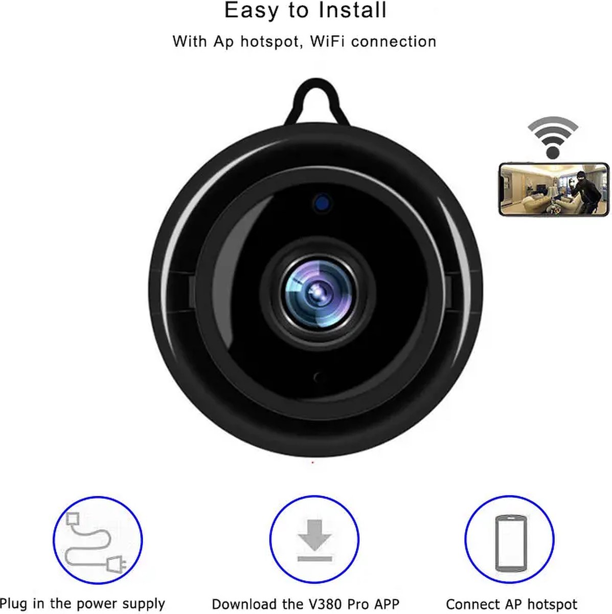 Wifi Camera - 1080P Full HD- Beveiligingscamera - IP Camera - Camerabewaking - Spy Camera - 2-Weg Audio - Beweeg en Geluidsdetectie - Nachtvisie - Huisdiercamera - Opslag in Cloud & App -SD Kaart