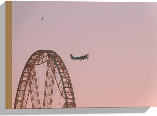 WallClassics - Hout - Vliegtuig Vliegend langs Achtbaanrails - 40x30 cm - 9 mm dik - Foto op Hout (Met Ophangsysteem)