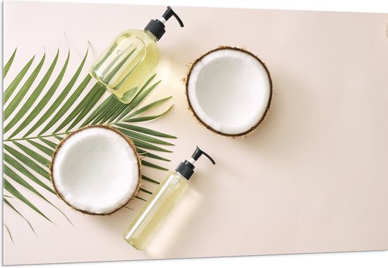 Acrylglas - Cosmetica Flesjes met Palmblad en Kokosnoten - 150x100 cm Foto op Acrylglas (Met Ophangsysteem)