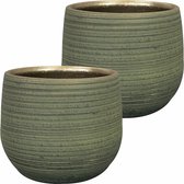 Steege Plantenpot/bloempot - 2x - keramiek - donkergroen stripes relief - D18/H16 cm