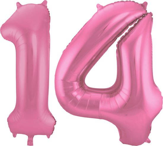 Folat Folie ballonnen - 14 jaar cijfer - glimmend roze - 86 cm - leeftijd feestartikelen verjaardag