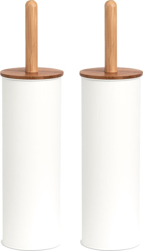 Zeller WC/Toiletborstel in houder metaal/bamboe hout - 2x stuks - wit - 38 x 10 cm