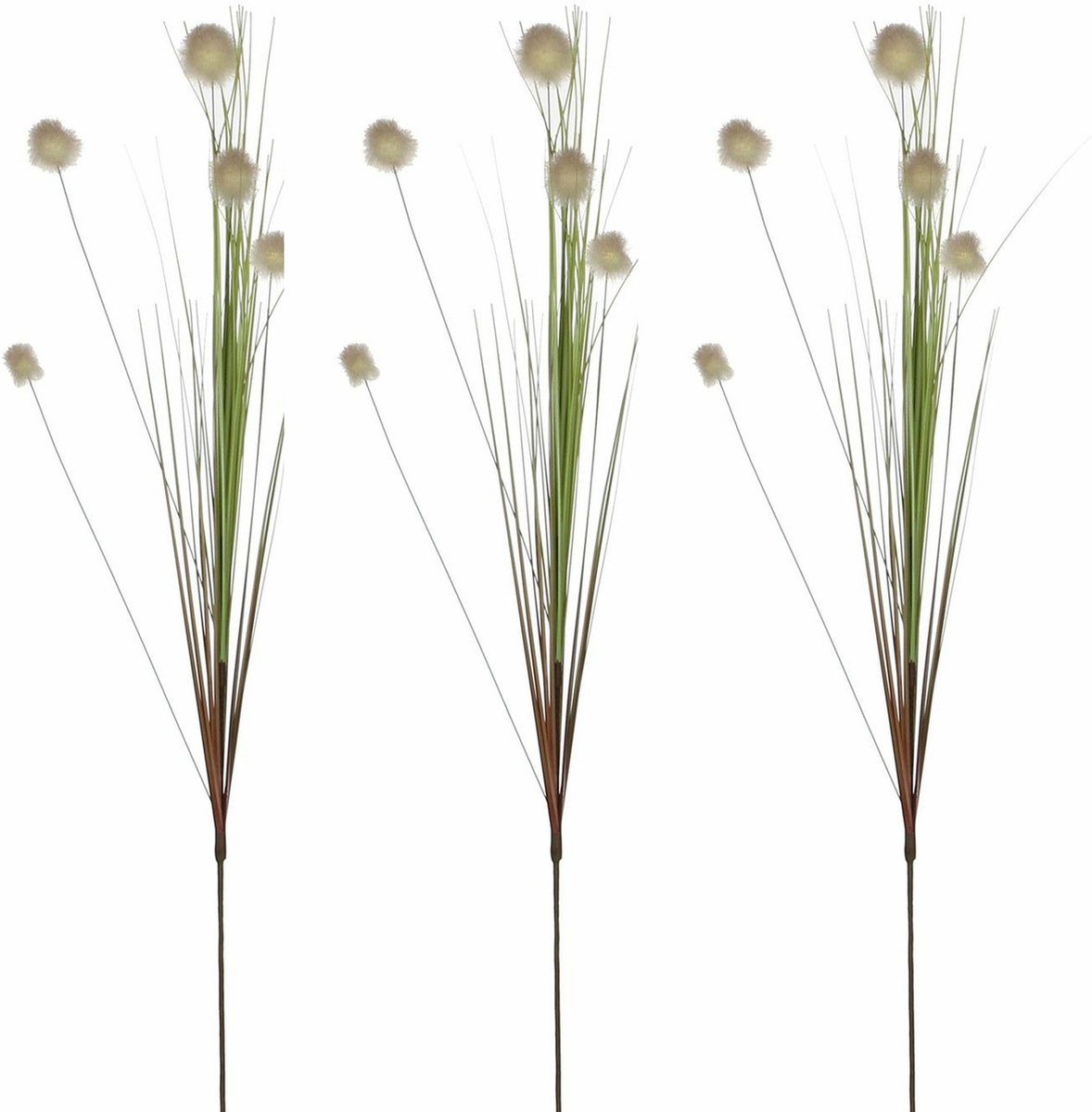 Mica Decorations 3x - Rietgras kunstplant losse steel - tak - groen/pluis bollen - wit - 84 cm