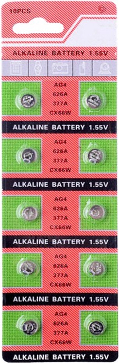 Dielay - Strip Batterijen - Knoopcel AG4 - Horlogebatterij - 10 Stuks - Alkaline - 1,55 Volt