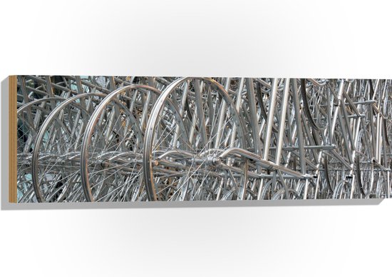 WallClassics - Hout - Rekken vol Fietswielen - 90x30 cm - 9 mm dik - Foto op Hout (Met Ophangsysteem)