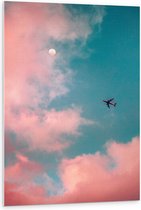 WallClassics - PVC Schuimplaat- Vliegtuig vliegend tussen Roze Wolken met Zon - 80x120 cm Foto op PVC Schuimplaat