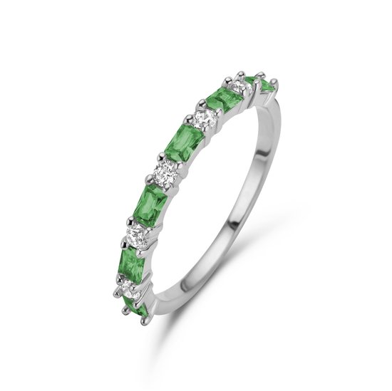 New Bling 9NB-1076-58 Zilveren Ring met Zirkonia - Maat 58 - 2 mm Breed - Baquette en Rond - Wit en Groen - Zilver