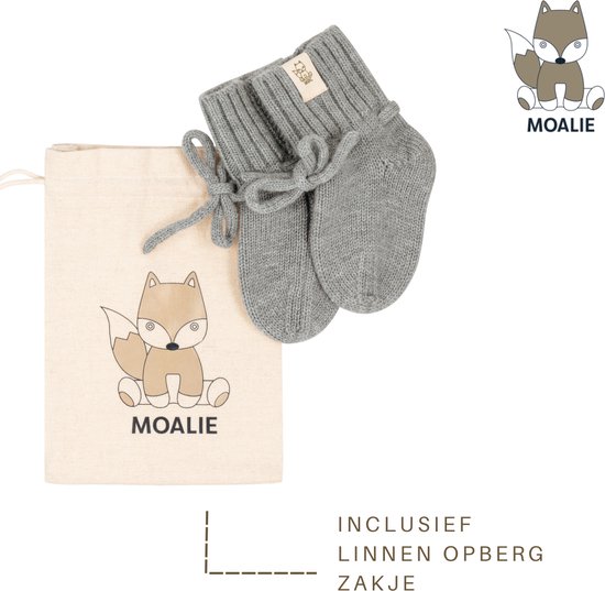 Moalie ®- Babyslofjes - babysokken - Merino wol - SAGE - wollen sokken - grijs/groen - 0-9 maanden - cadeau - linnen opberg zakje