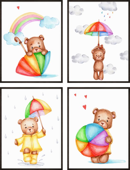 Kinderkamer Posters - Teddybeer met Paraplu - 4 stuks - 30x40 cm - Dieren Poster - Poster Set - Kinderposter - Babykamer - Babyshower Cadeau - Wanddecoratie - Muurdecoratie