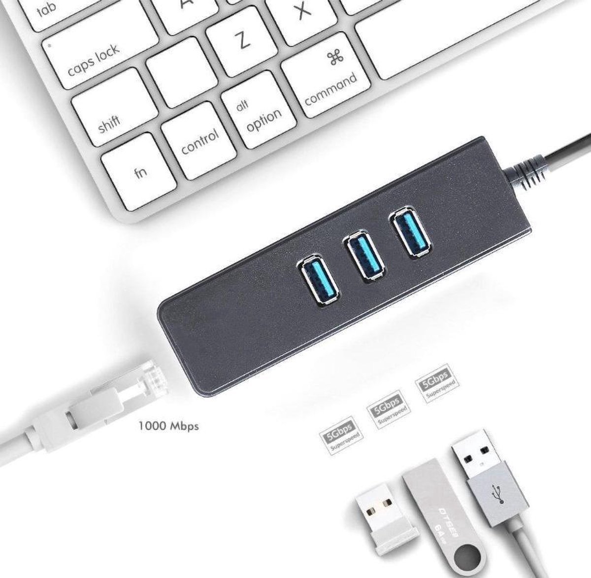 USB 2.0 Type-C HUB 3 ports Adaptateur Fast Ethernet RJ45 Convertisseur  d'extension de carte réseau 100 Mbps pour Macbook