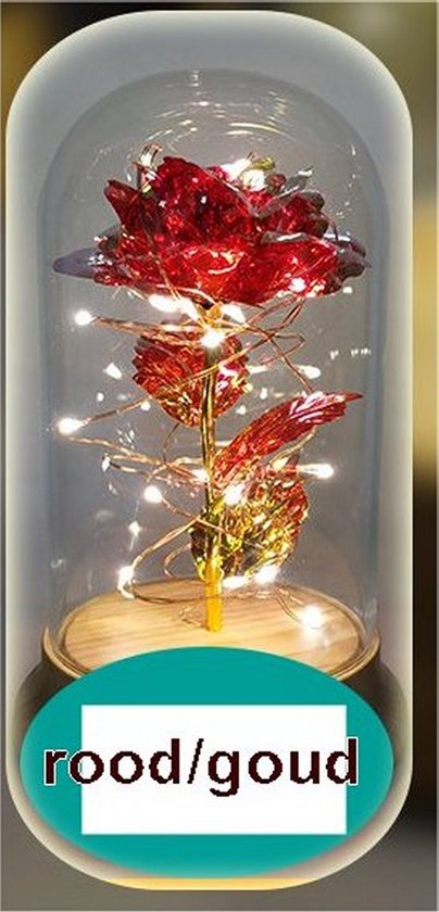 LED rose - Eternal rose of affection and love - roos onder stolp - de kleur is rood/goud - hoog 18.5 cm en diam. 11 cm