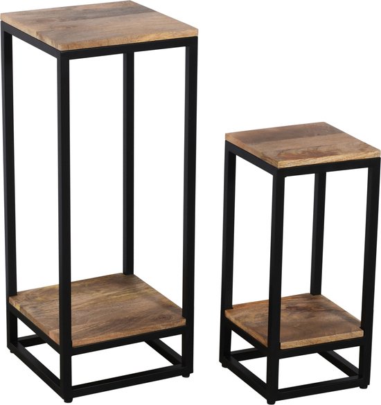 Set van twee plantenstandaards met een frame van zwart metaal en bladen van mangohout.