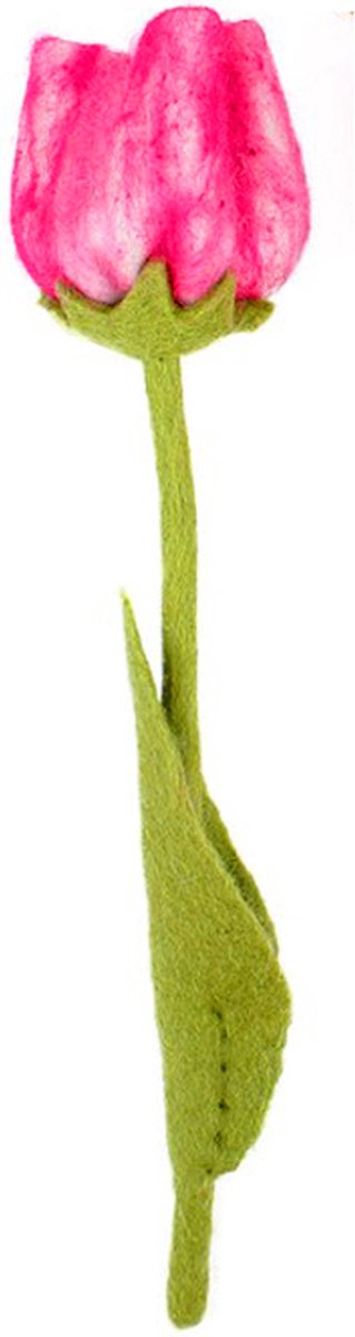 Vilten bloem - Tulp Fuchsia - Groene Steel - 32cm