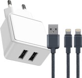 Duo USB Adapter + 2x Nylon 8-PIN naar USB Oplader Kabel - 1M - Geschikt voor iPhone, iPad met Lightning Poort - Dubbele USB Output - 12W Snellader - Extra Stevig