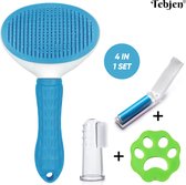 TEBJEN hondenborstel - kattenborstel - 4-delige verzorgingsset - ontpluizer - kattenkam - hondenkam - kortharig - langharig - Blauw