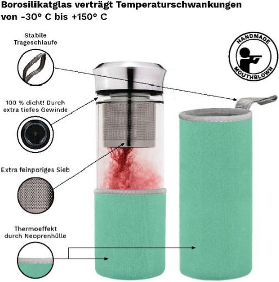 Bottiglia Tè In Vetro Teamaker 400ml | Con Colino E Borsa Neoprene | Viola - Foto 6