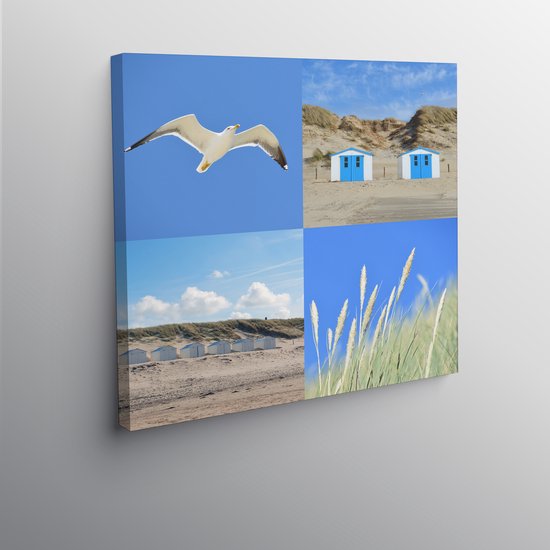 Texelphotos.nl - Foto afdruk op canvas - Texel Zomer - Duin - Strand - Zee - Strandhuisjes - Zeevogels - Canvas doek – Wanddecoratie - Foto collage – Natuur - Landschap - 60 x 60 cm.