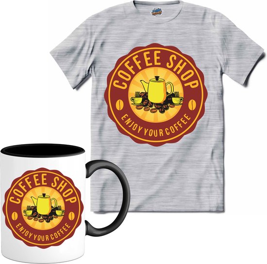 Enjoy Your Coffee | Koffie - Vintage - T-Shirt met mok - Unisex - Donker Grijs - Gemêleerd - Maat S