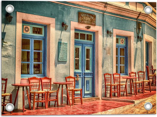 WallClassics - Tuinposter – Grieks Café - 40x30 cm Foto op Tuinposter (wanddecoratie voor buiten en binnen)